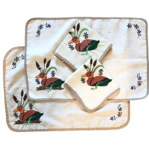 NWOT Vtg Set: Madeira Linen Embroidered Mallard Duck 2 Placemats + 2 Napkins